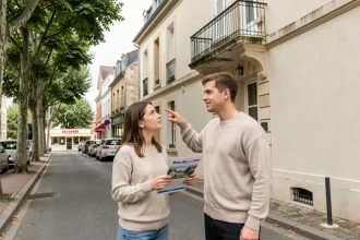Jeune couple examinant une annonce immobilière devant un immeuble de banlieue parisienne en Île-de-France