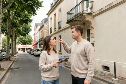 Jeune couple examinant une annonce immobilière devant un immeuble de banlieue parisienne en Île-de-France