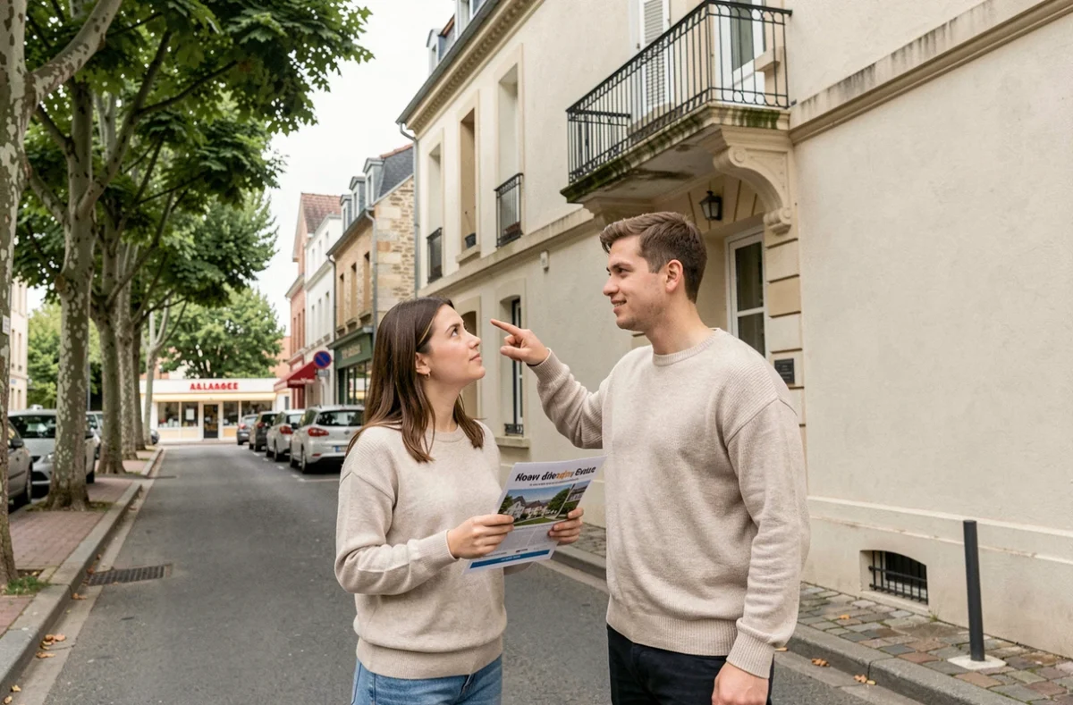 Jeune couple examinant une annonce immobilière devant un immeuble de banlieue parisienne en Île-de-France