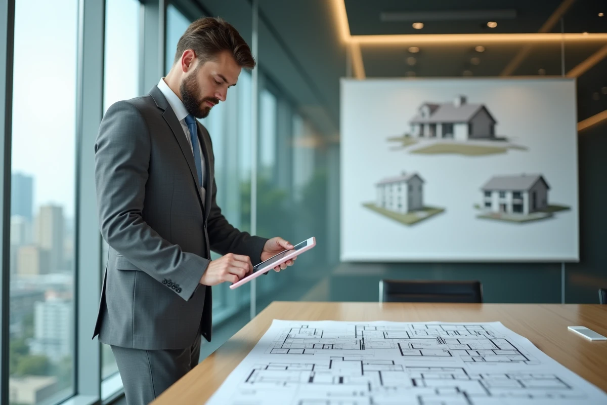 Professionnel de l'immobilier utilisant un logiciel d'estimation sur tablette pour éviter les erreurs de valorisation