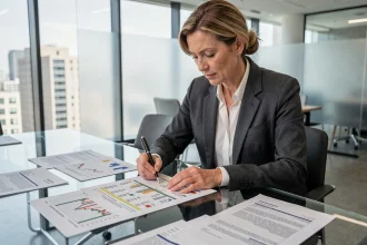 Professionnelle en immobilier tertiaire analysant l'indice ILAT sur des documents de bail dans un bureau moderne