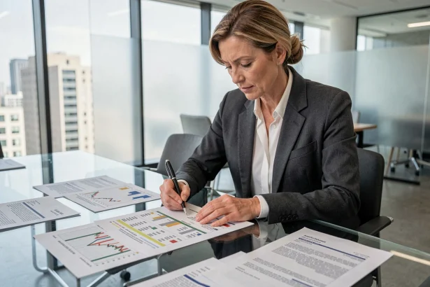 Professionnelle en immobilier tertiaire analysant l'indice ILAT sur des documents de bail dans un bureau moderne