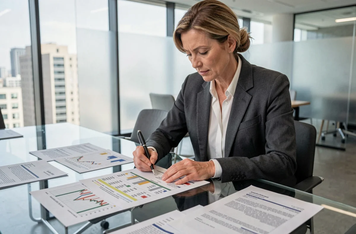 Professionnelle en immobilier tertiaire analysant l'indice ILAT sur des documents de bail dans un bureau moderne