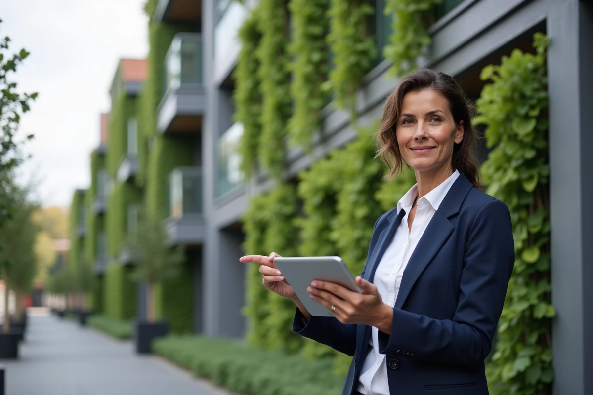 Professionnelle de l'immobilier devant une façade végétalisée et panneaux solaires d'un logement éco-responsable