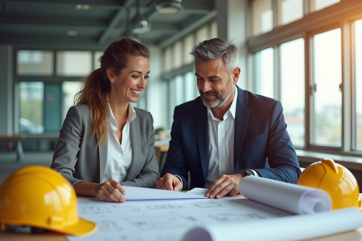 Professionnels en réunion de chantier dans un bureau lumineux