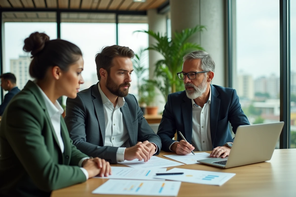 Professionnels de l'immobilier analysant des documents RSE CEAPC autour d'une table de réunion moderne