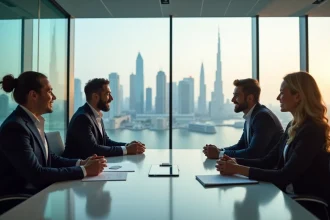 Groupe de professionnels en réunion dans un bureau moderne à JLT