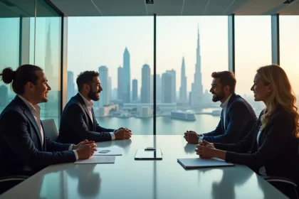 Groupe de professionnels en réunion dans un bureau moderne à JLT