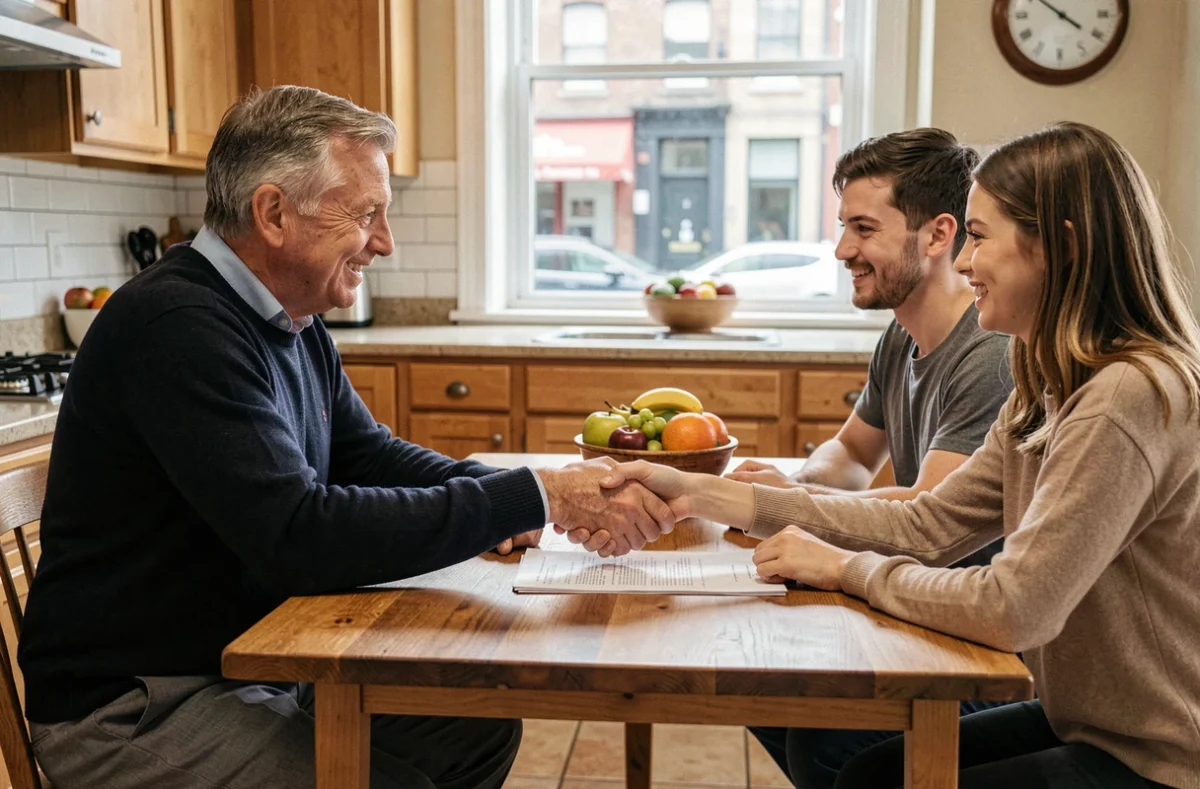 Propriétaire bailleur remettant un contrat de location à ses nouveaux locataires autour d'une table dans un appartement meublé