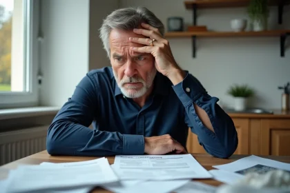 Propriétaire frustré assis à une table avec des documents de mandat de vente exclusif, exprimant l'inquiétude après plusieurs mois sans résultat