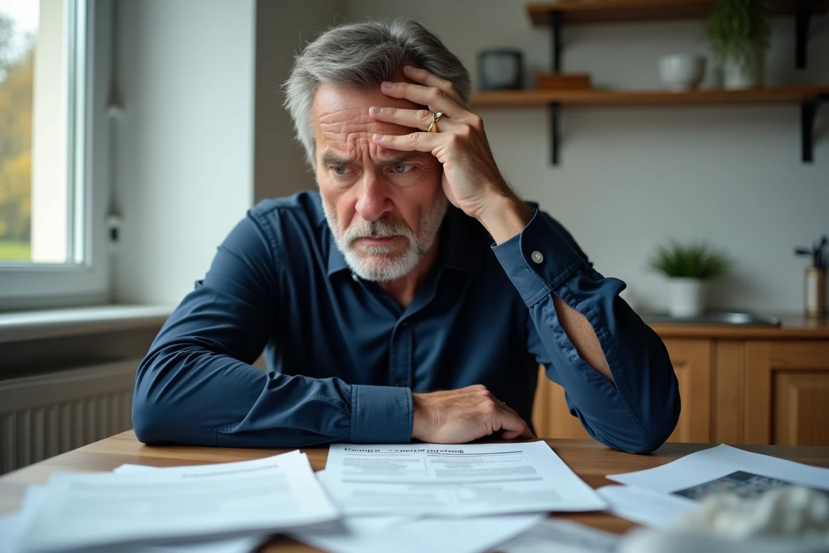 Propriétaire frustré assis à une table avec des documents de mandat de vente exclusif, exprimant l'inquiétude après plusieurs mois sans résultat