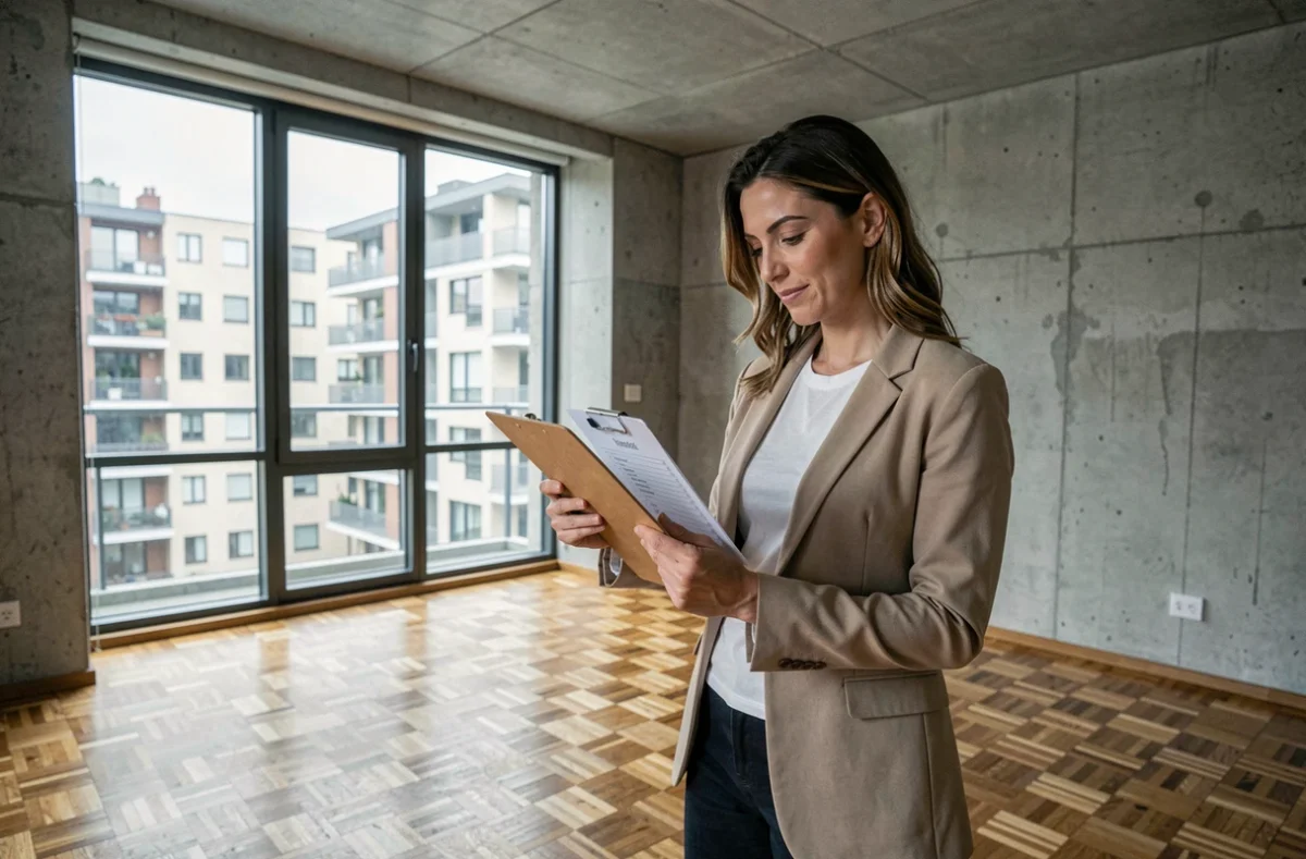 Propriétaire inspectant un appartement vide avant sa mise en location, évaluation de l'état du bien immobilier