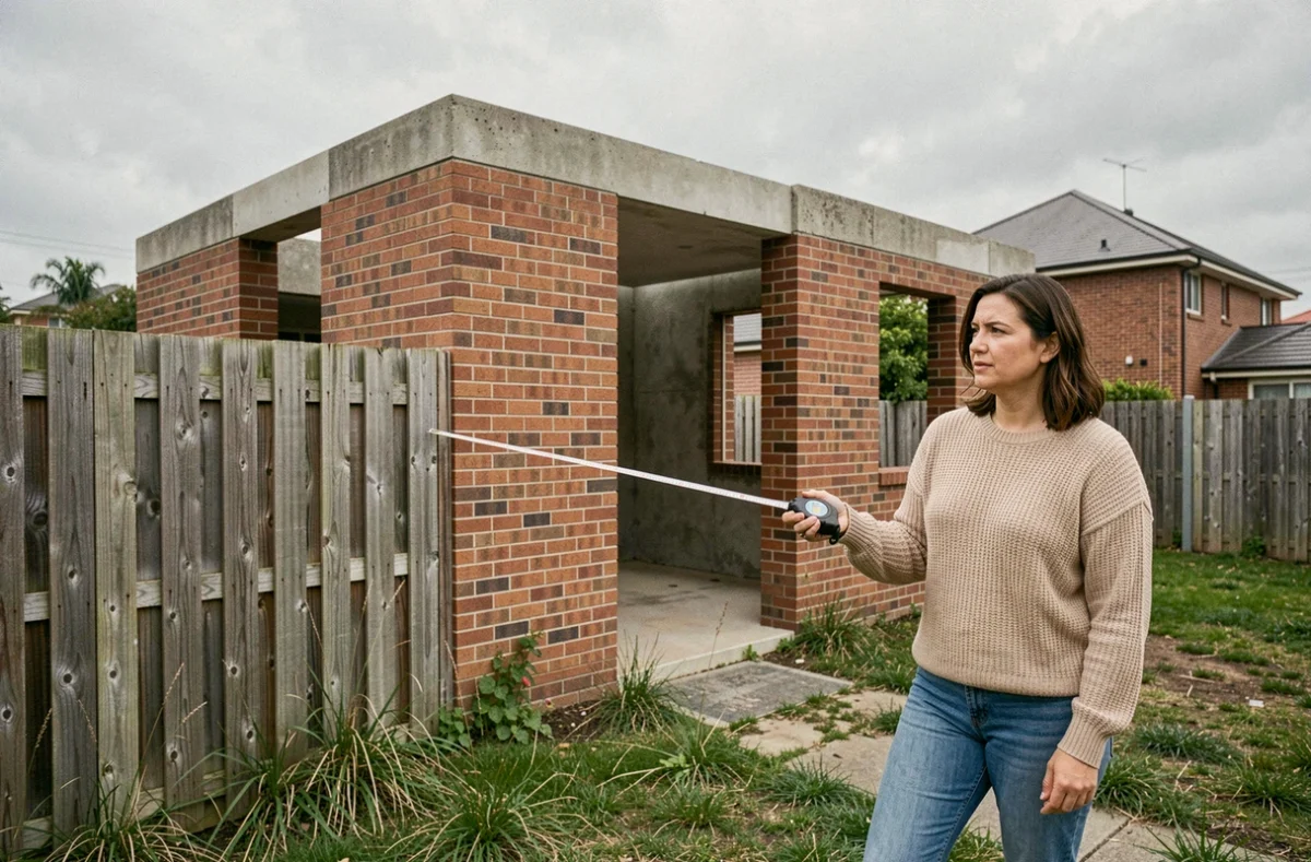 Propriétaire mesurant la distance entre une extension de maison en construction et la limite de propriété marquée par une clôture en bois
