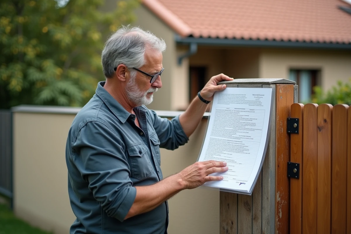 Propriétaire fixant un panneau de déclaration de travaux laminé sur un poteau en bois devant sa maison individuelle en banlieue