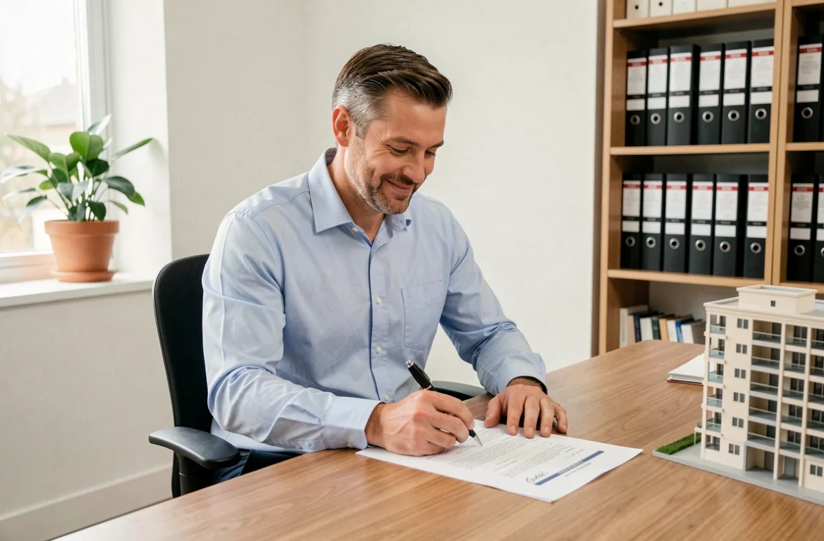 Propriétaire signant un contrat d'achat immobilier chez le notaire, étape clé du parcours d'acquisition avec Oiger