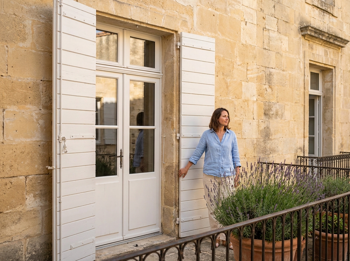 Propriétaire devant des volets en bois blancs nouvellement installés sur une maison de Nîmes