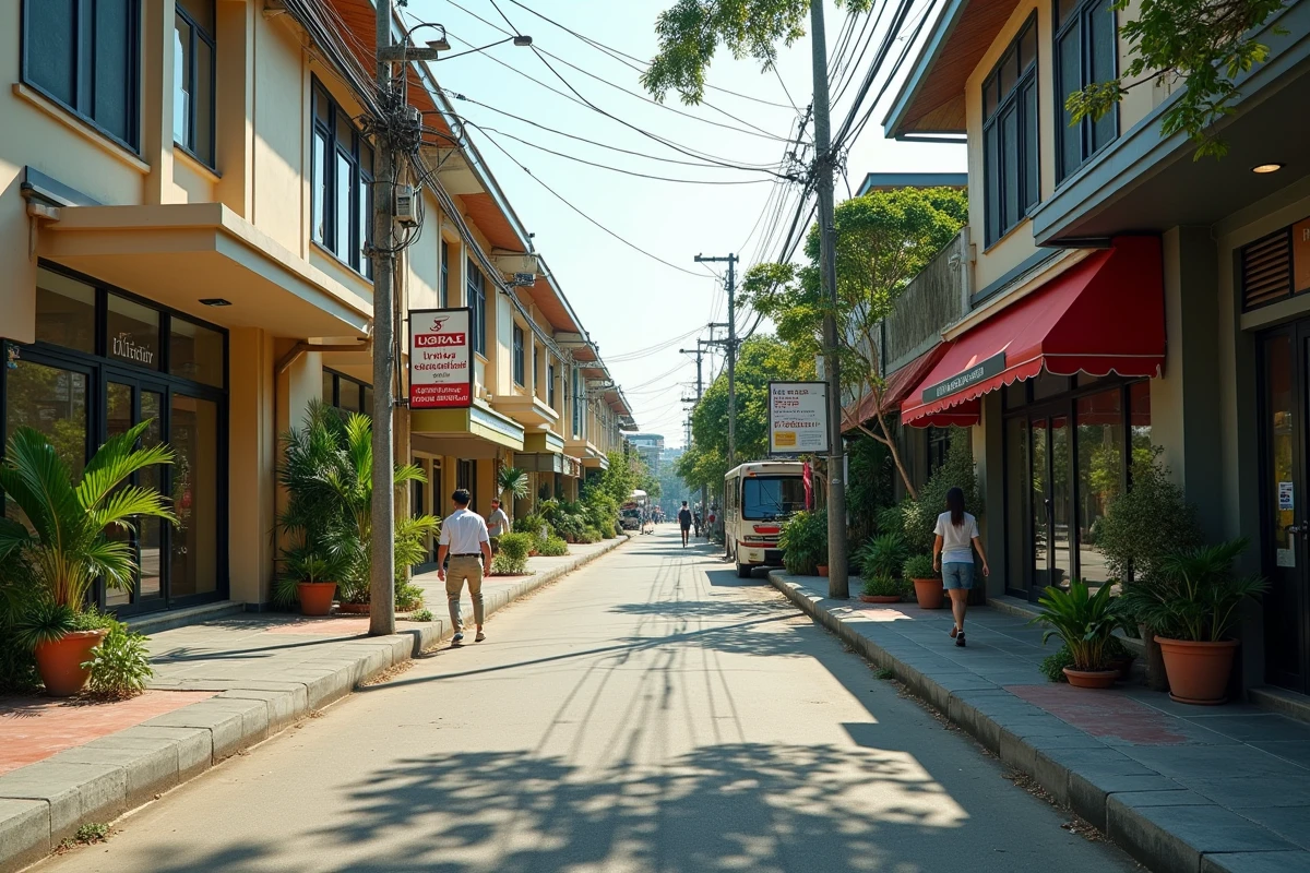 Quartier résidentiel en développement dans une ville thaïlandaise avec panneaux immobiliers à vendre