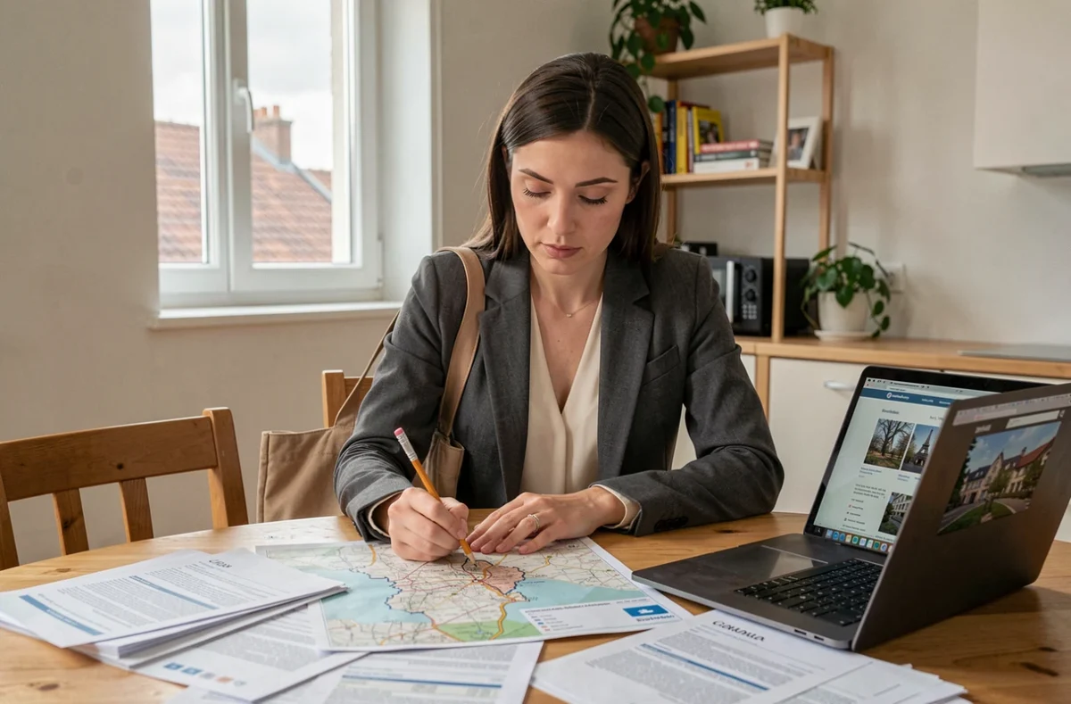 Jeune femme planifiant son premier achat immobilier en Île-de-France avec cartes et documents sur une table