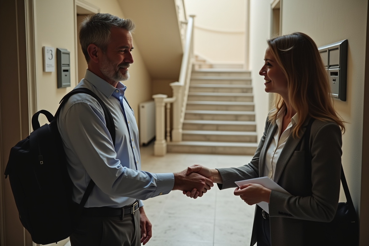 Homme donnant les clés à un gestionnaire dans un couloir