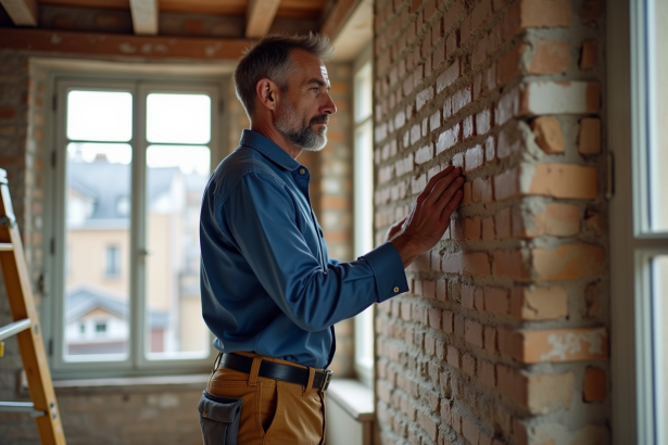 Homme vérifiant un mur en rénovation dans un appartement parisien