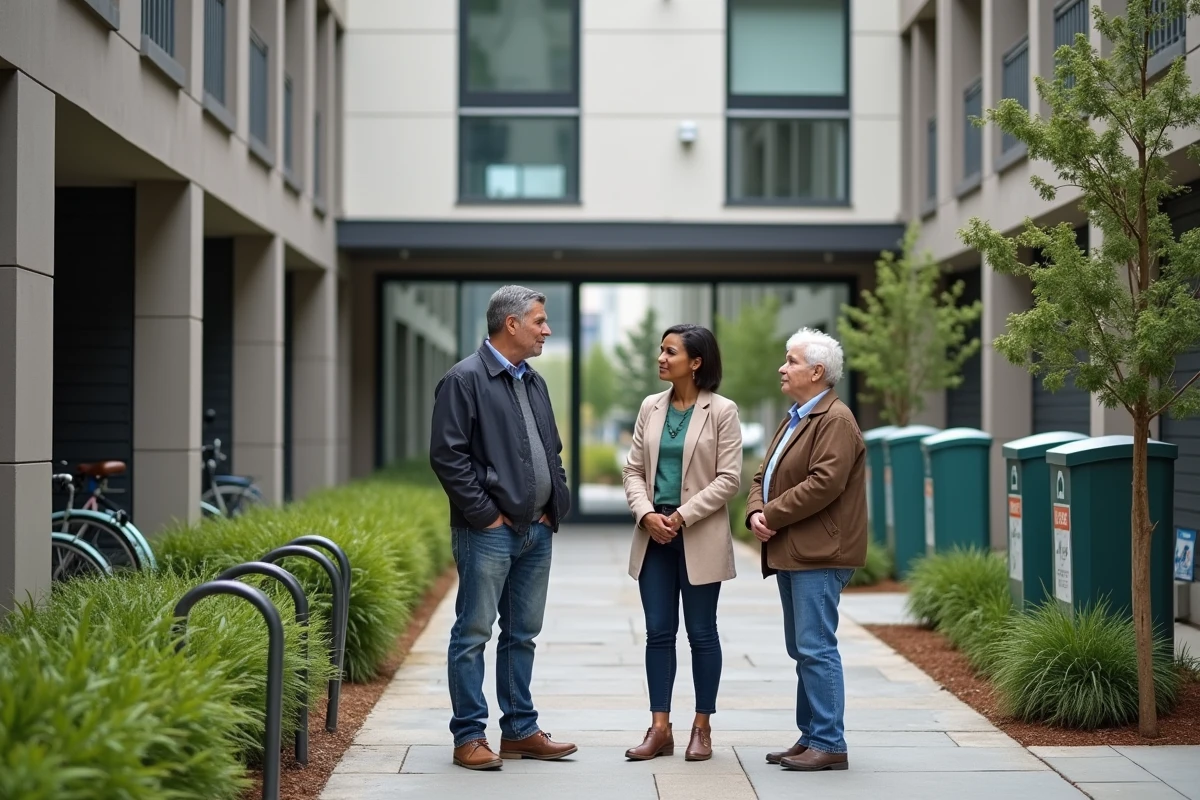 Résidents discutant devant l'entrée d'un complexe de logements abordables et durables dans une cour urbaine aménagée