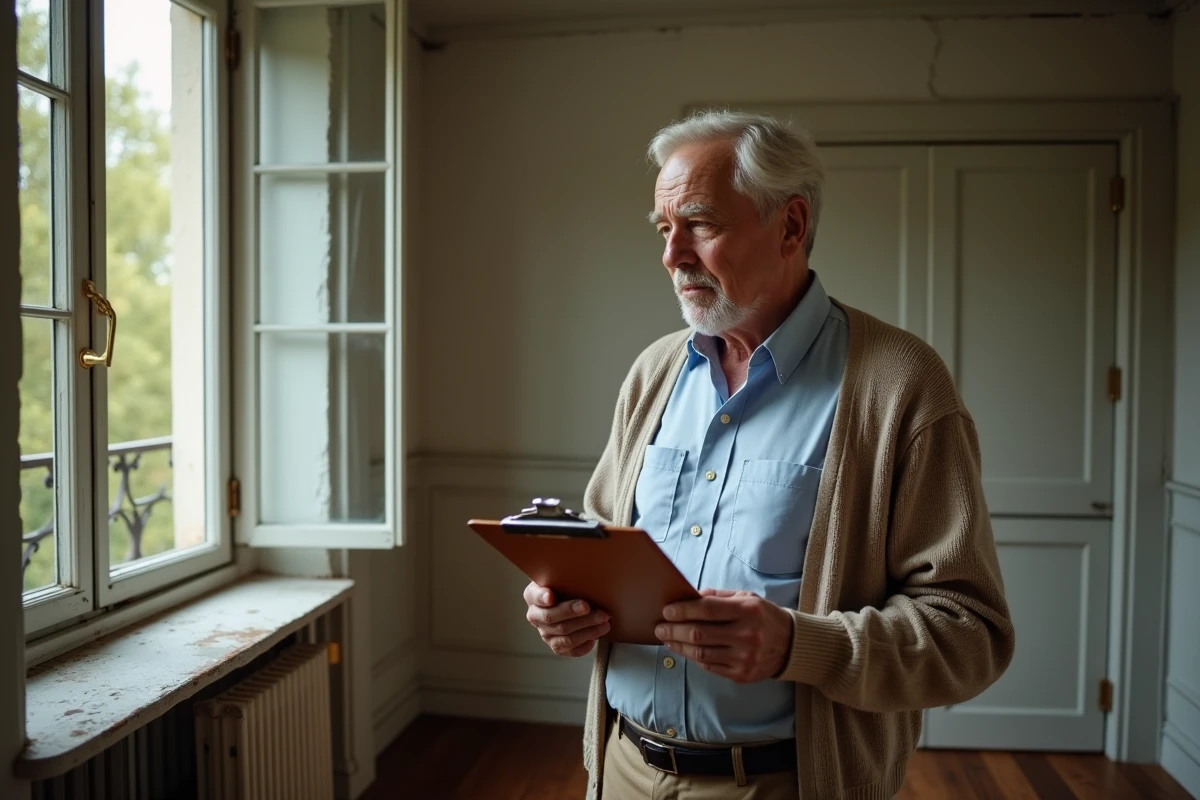 Homme retraité examine des détails de rénovation dans un appartement ancien