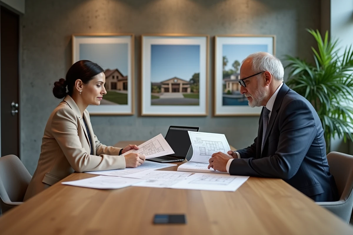 Deux agents immobiliers de luxe analysant un dossier d'estimation pour un bien rare autour d'une table de réunion professionnelle