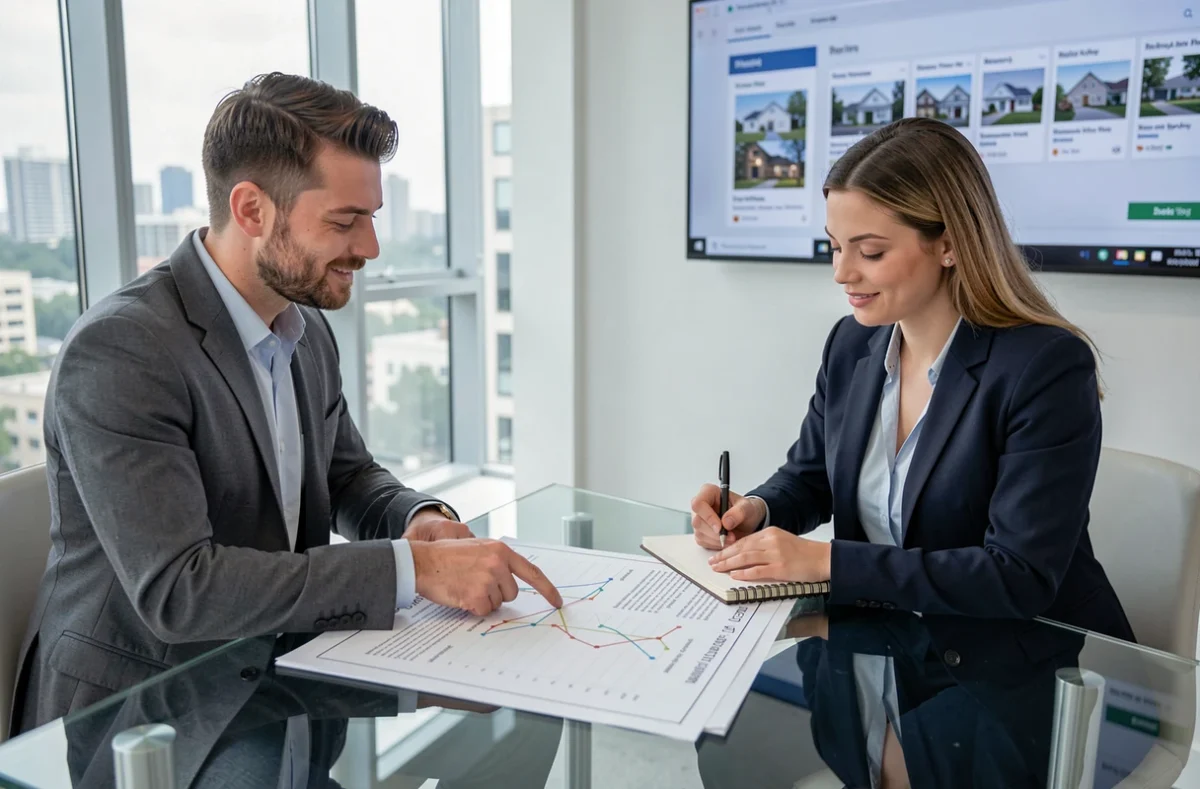 Réunion entre professionnels de l'immobilier pour analyser un rapport de marché local dans une agence moderne