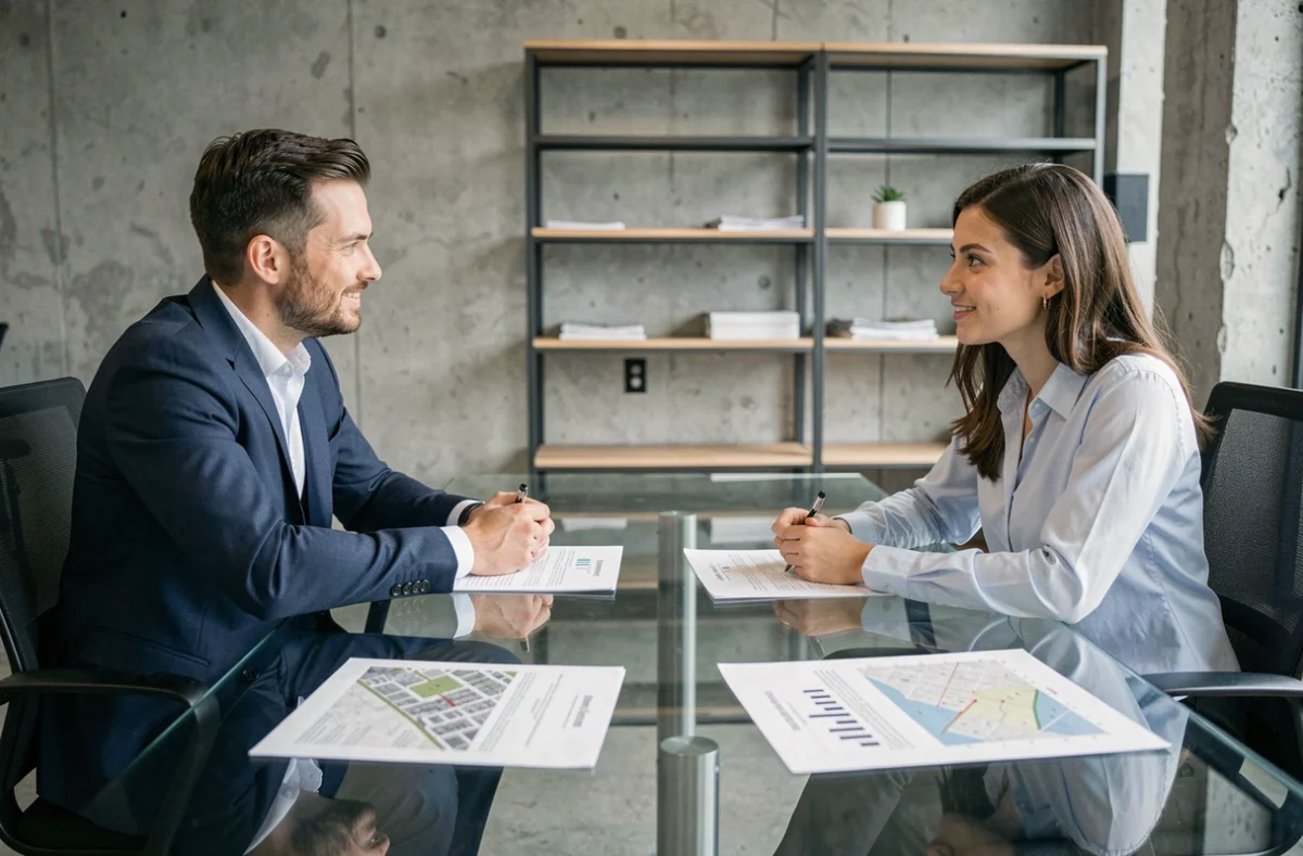 Deux professionnels étudiant un plan de formation à l'investissement immobilier locatif en réunion
