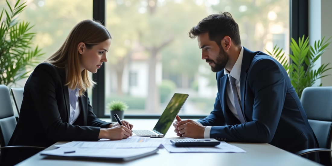 Réunion entre agent immobilier et client autour d'une table moderne