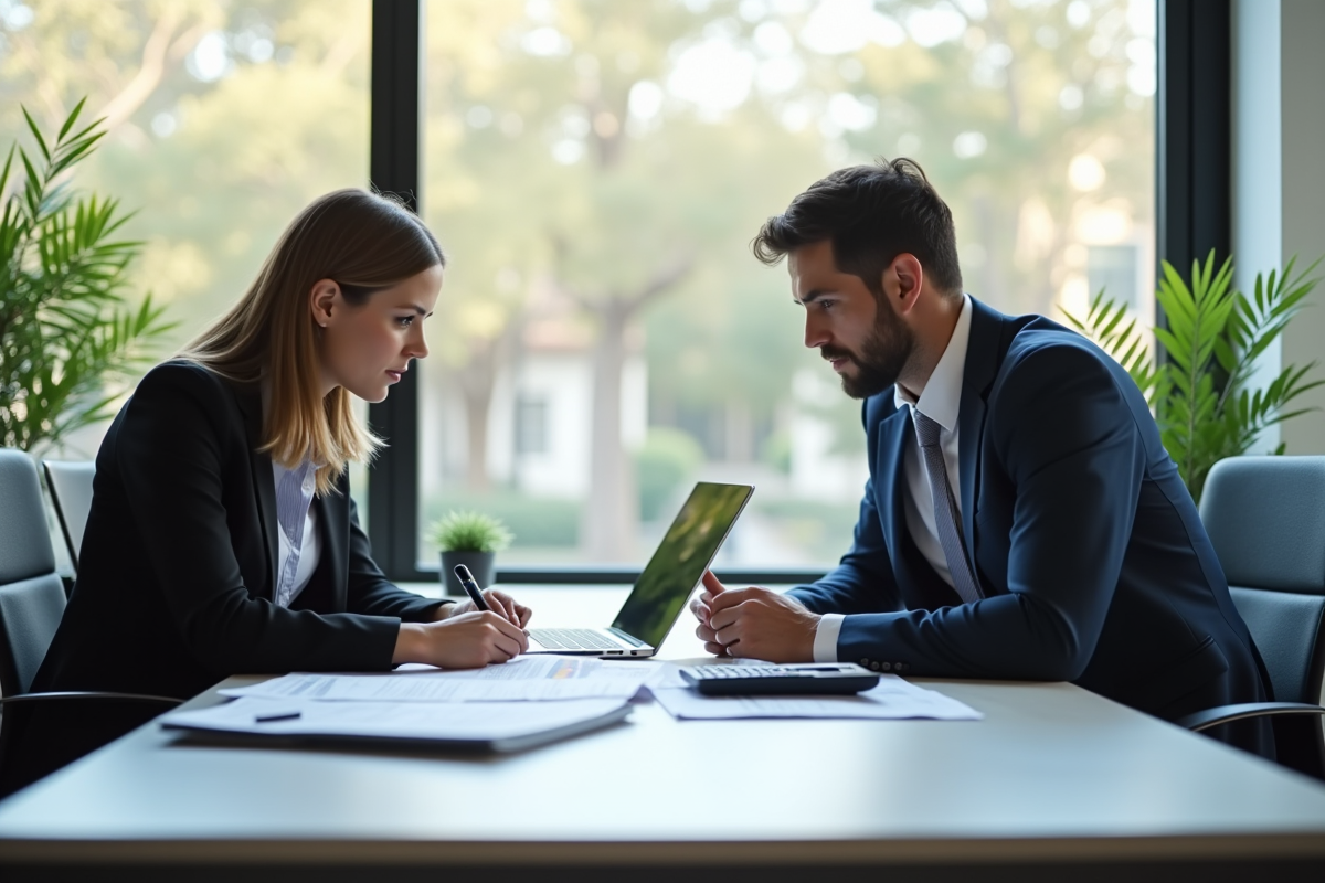 Réunion entre agent immobilier et client autour d'une table moderne
