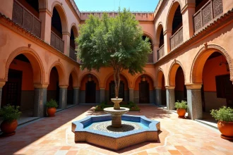 Cour intérieure d'un riad traditionnel dans la médina de Marrakech avec fontaine en zellige et arbre oranger
