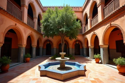 Cour intérieure d'un riad traditionnel dans la médina de Marrakech avec fontaine en zellige et arbre oranger