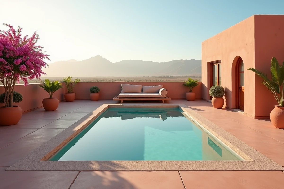 Terrasse avec piscine sur le toit d'un riad en périphérie de Marrakech avec vue sur la Palmeraie et l'Atlas