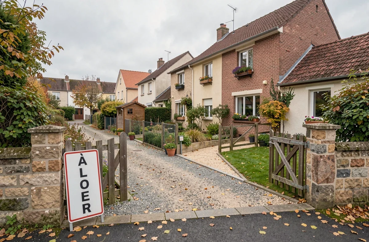 Rue résidentielle en périphérie d'une ville française avec panneau À Louer devant une petite maison individuelle avec jardin clos