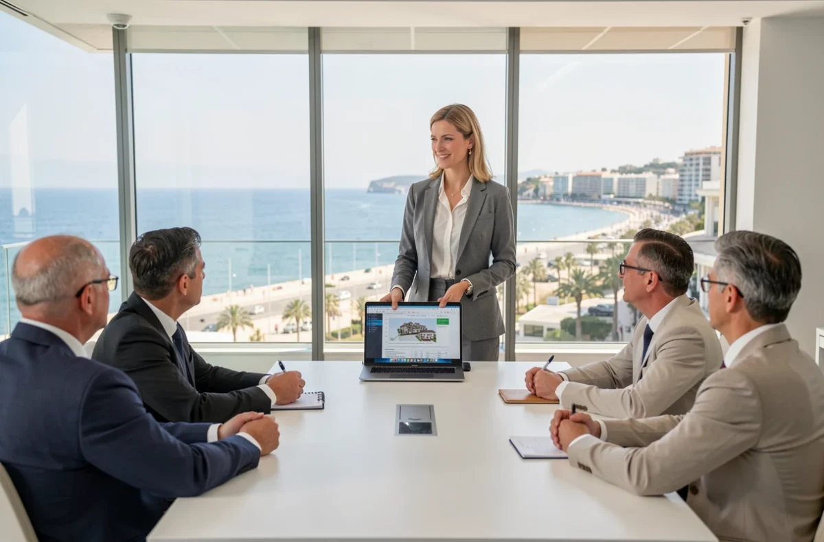 Gestionnaire de Sergic présentant un rapport de gestion de copropriété à des copropriétaires dans un bureau moderne à Cannes