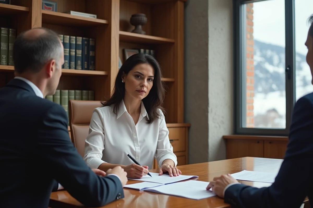 Femme signant un contrat immobilier chez un notaire en Andorre pour l'obtention du statut de résident