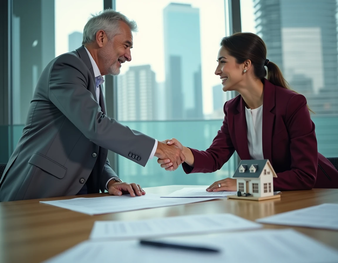 Deux professionnels de l'immobilier se serrant la main après signature d'un acte de vente avec frais de notaire marchand de biens