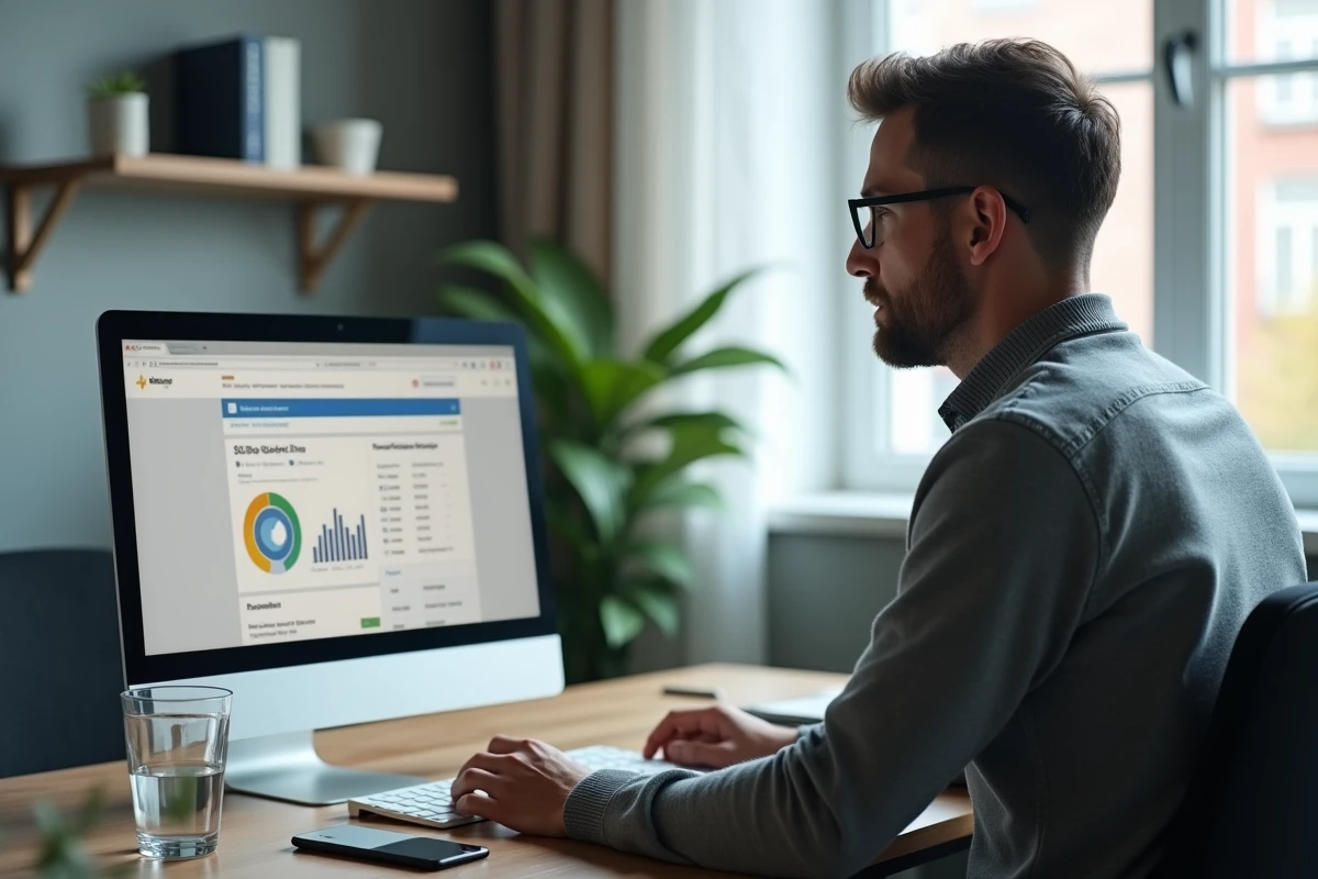 Homme simulant et négociant un taux de crédit immobilier La Poste en ligne depuis son bureau à domicile