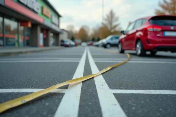 Vue grand angle d'un parking avec lignes blanches et ruban à mesurer posé au sol pour illustrer la taille standard d'une place de parking