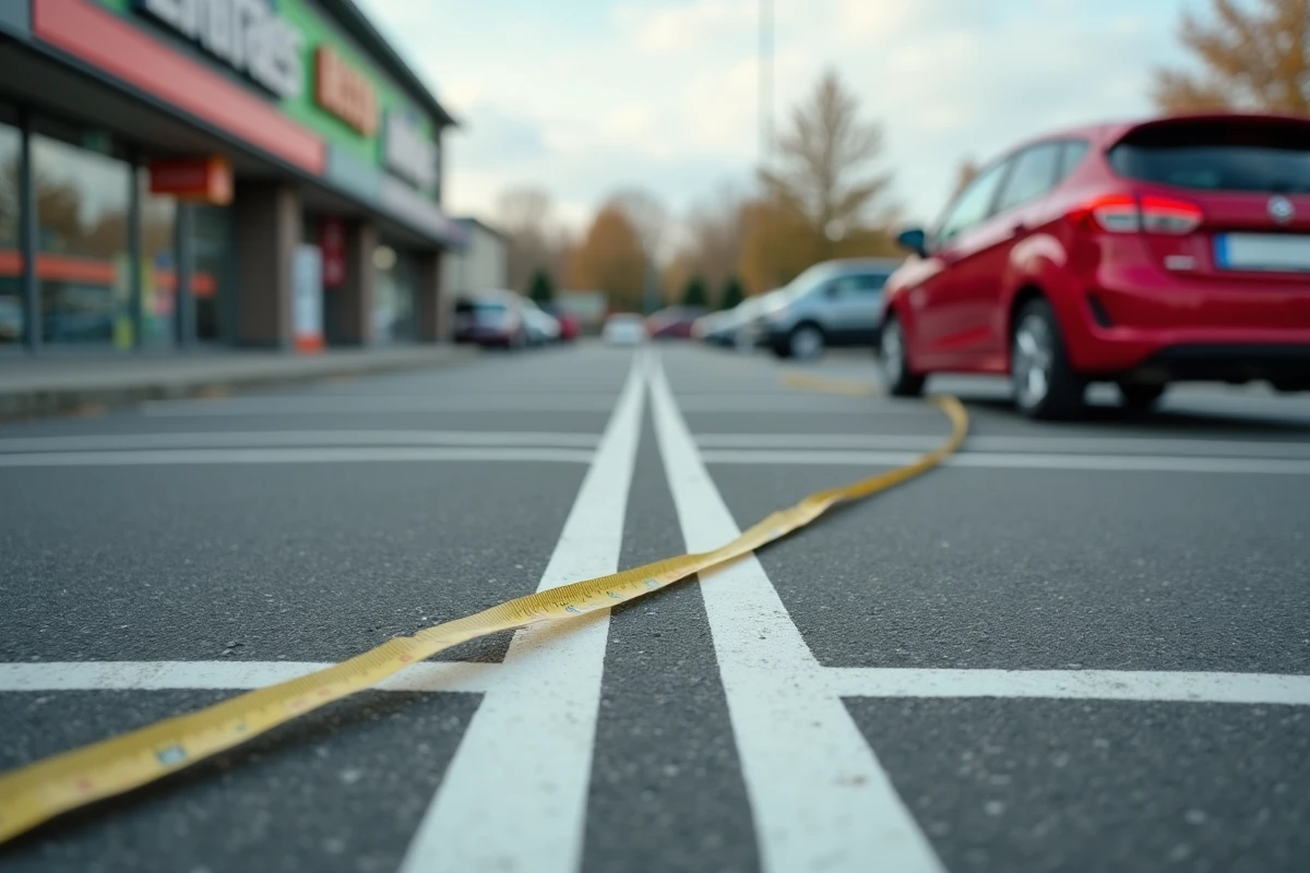 Vue grand angle d'un parking avec lignes blanches et ruban à mesurer posé au sol pour illustrer la taille standard d'une place de parking