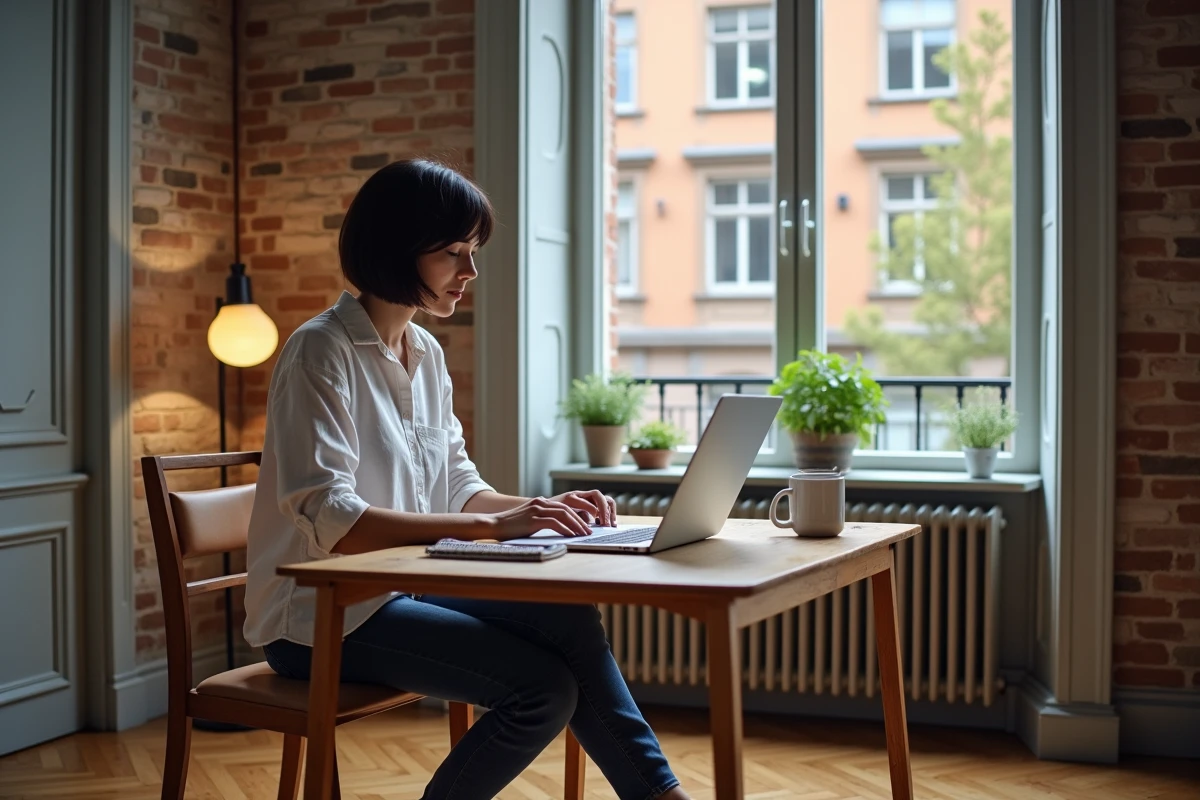 Femme en télétravail dans un appartement Altbau de Prenzlauer Berg à Berlin, avec parquet en chevrons et vue sur façades historiques