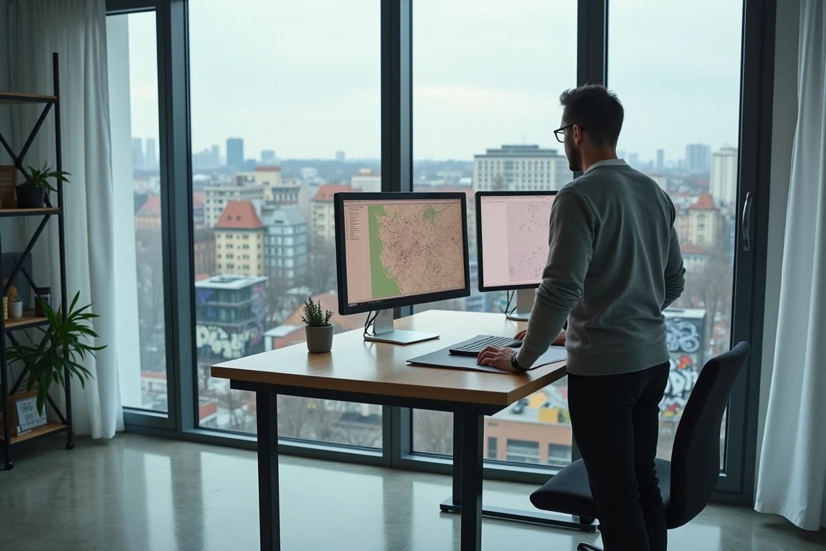 Homme en télétravail debout dans un appartement moderne de Mitte à Berlin avec vue panoramique sur le quartier urbain contemporain