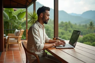 Télétravailleur français installé dans une villa moderne en Thaïlande avec vue sur la végétation tropicale