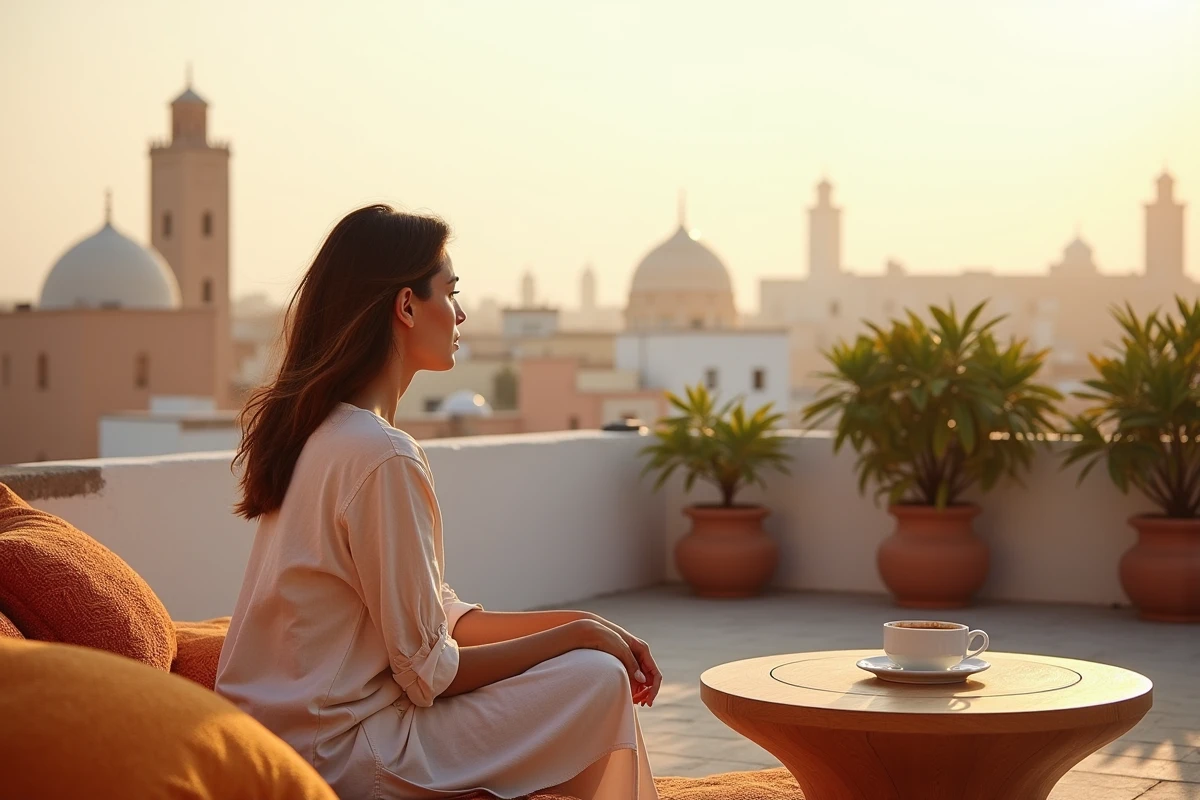 Femme expatriée profitant de la terrasse privée d'une maison à vendre à Marrakech avec vue sur la médina