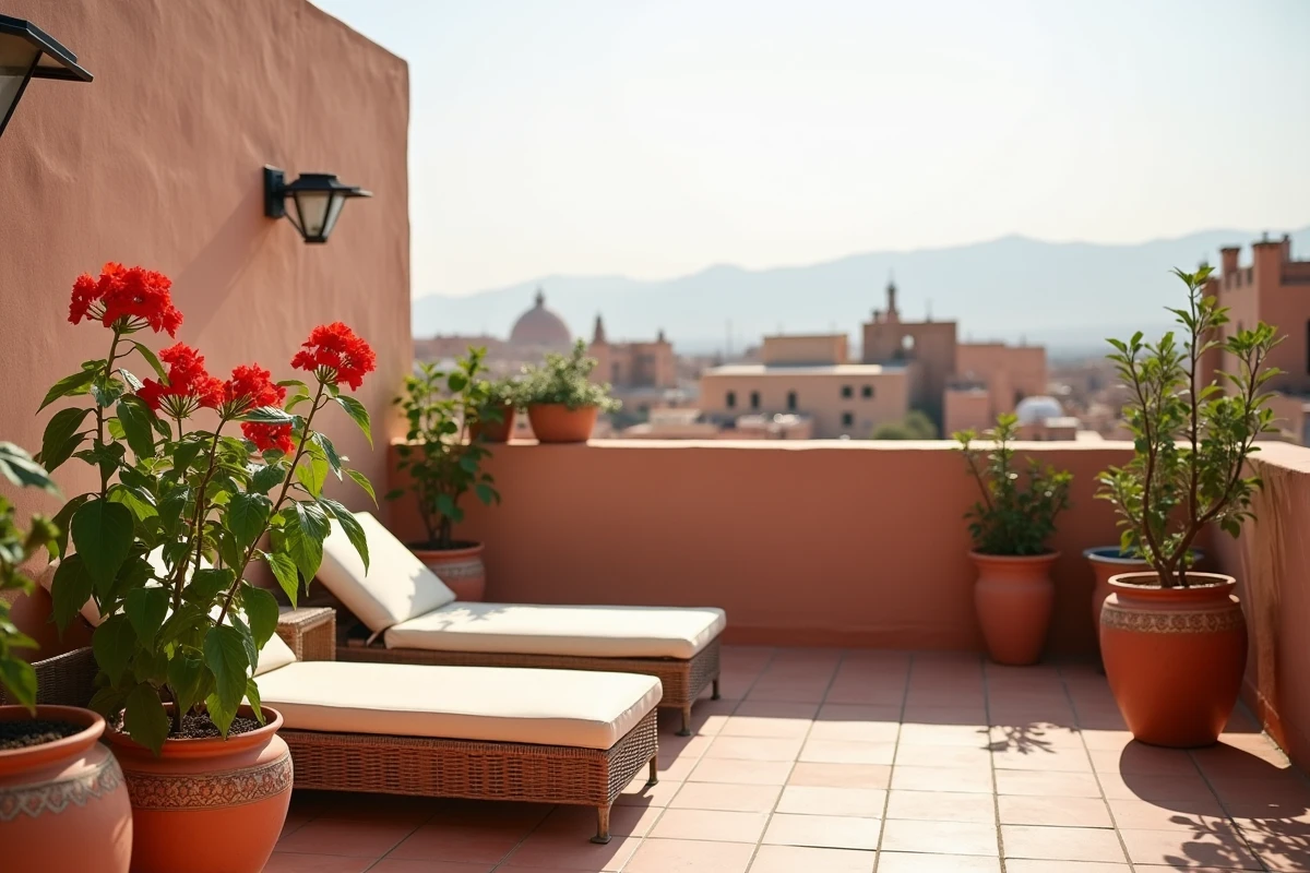 Terrasse panoramique d'une petite villa abordable à Marrakech avec vue sur les toits de la médina et l'Atlas