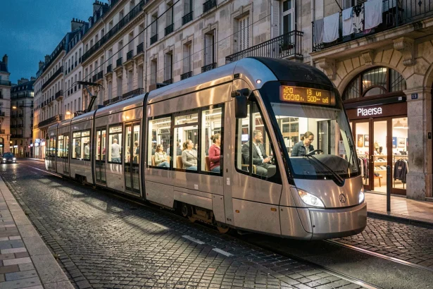 Tramway de Montpellier la nuit traversant un quartier urbain avec des passagers visibles à l'intérieur