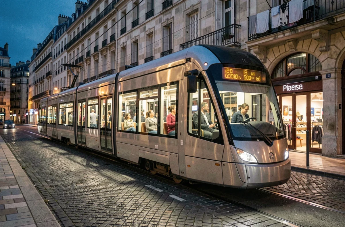 Tramway de Montpellier la nuit traversant un quartier urbain avec des passagers visibles à l'intérieur