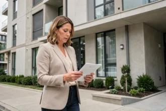 Femme consultant des documents devant une résidence en copropriété pour vérifier l'état de l'immeuble