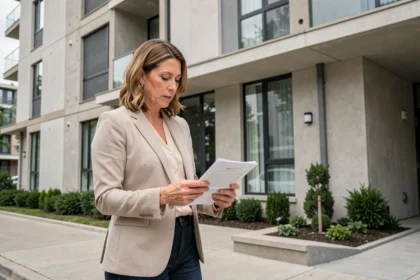 Femme consultant des documents devant une résidence en copropriété pour vérifier l'état de l'immeuble